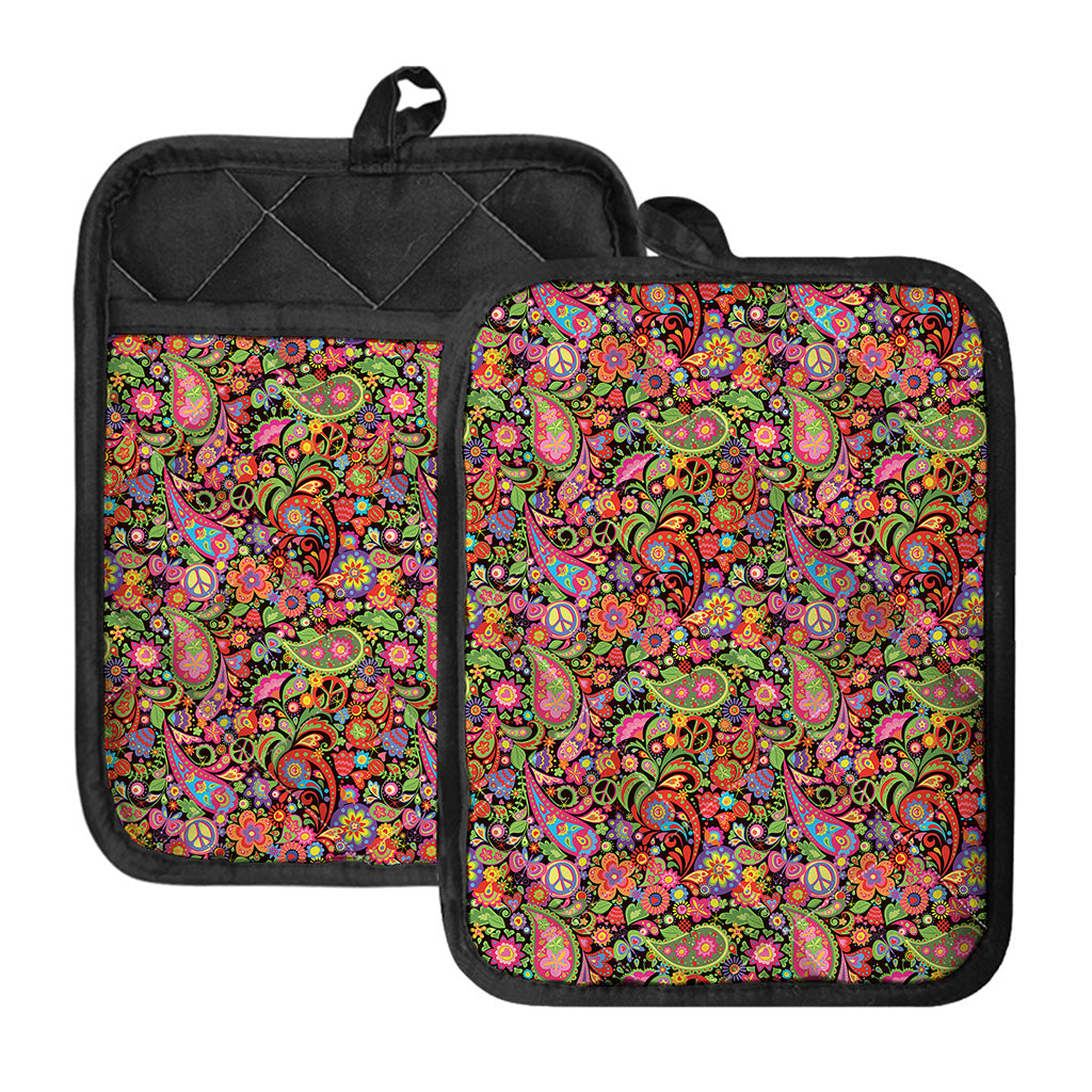 Colorful Hippie Peace Signs Print Pot Holders With Pocket