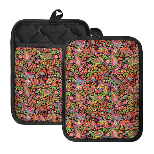 Colorful Hippie Peace Signs Print Pot Holders With Pocket