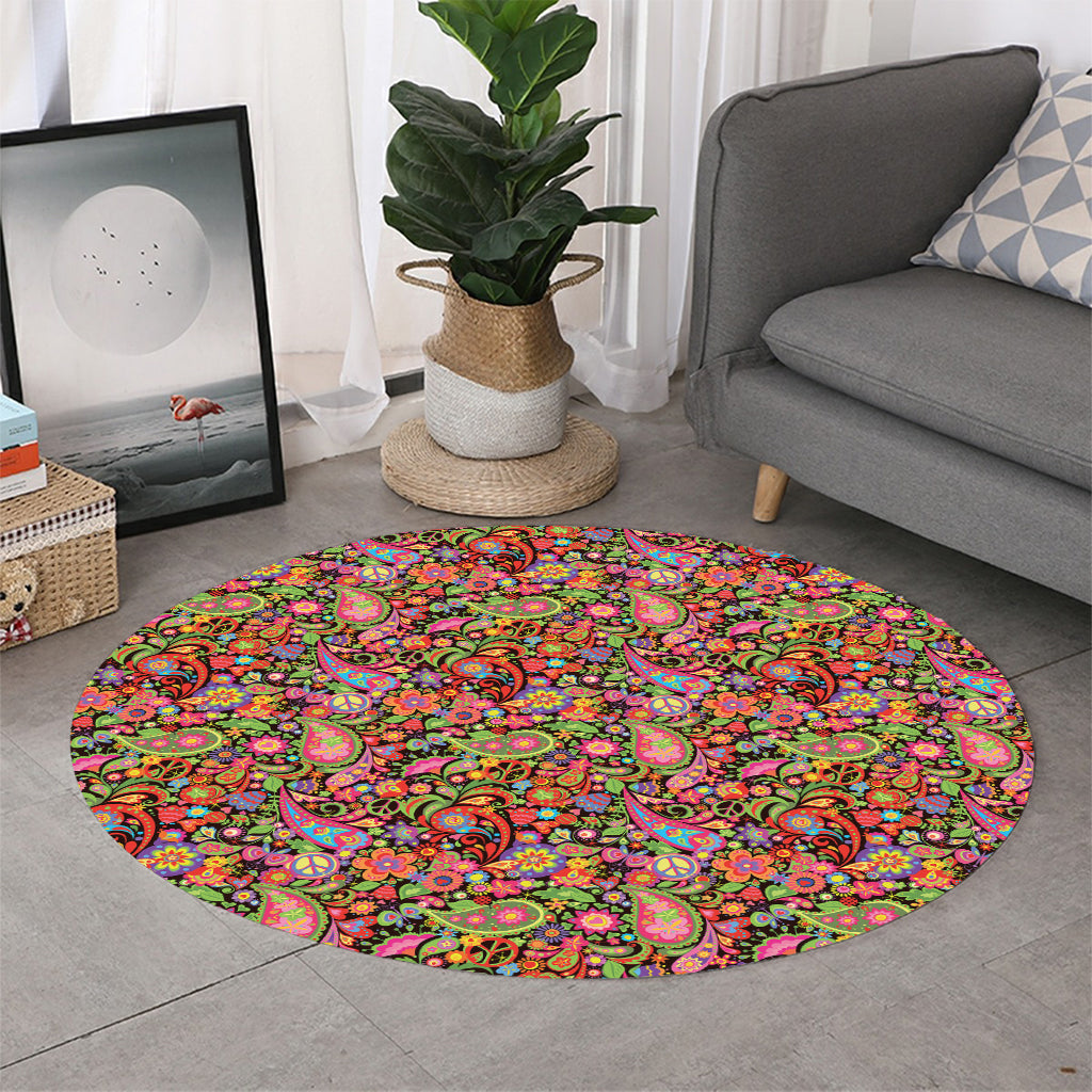 Colorful Hippie Peace Signs Print Round Rug