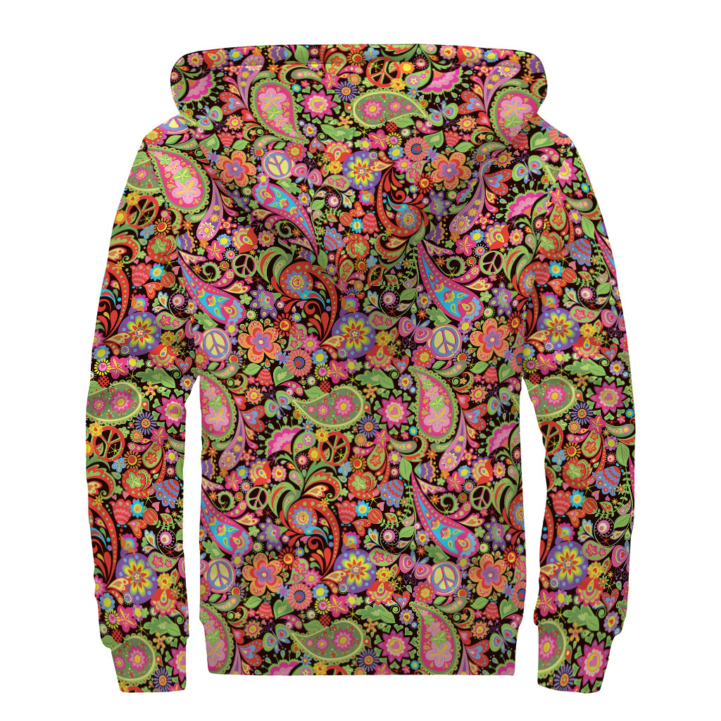 Colorful Hippie Peace Signs Print Sherpa Lined Zip Up Hoodie