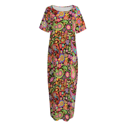 Colorful Hippie Peace Signs Print Short Sleeve Long Nightdress