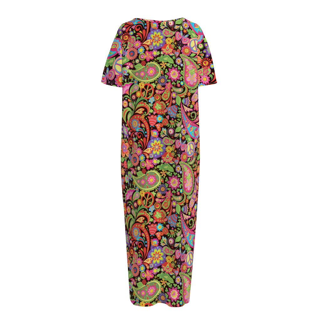Colorful Hippie Peace Signs Print Short Sleeve Long Nightdress