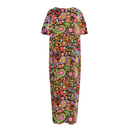 Colorful Hippie Peace Signs Print Short Sleeve Long Nightdress