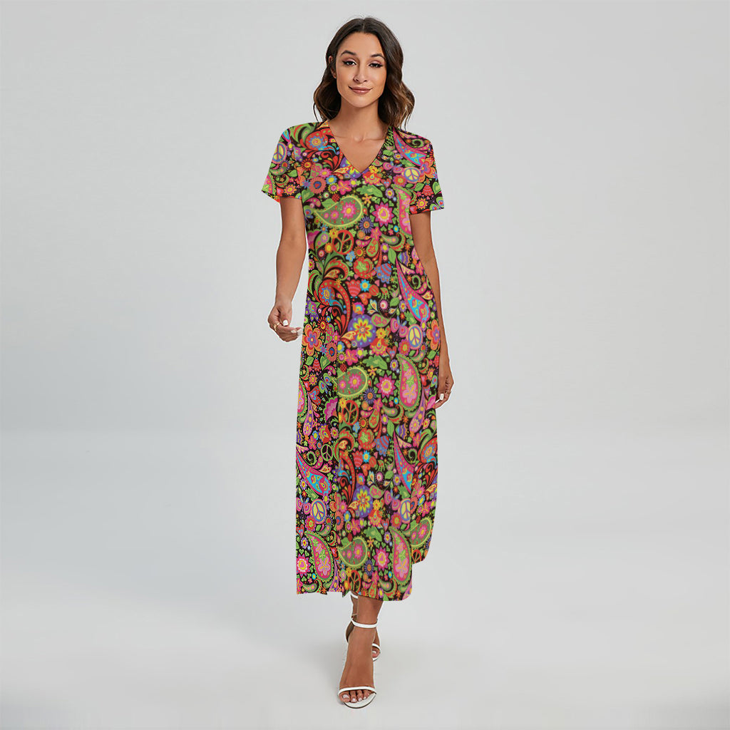 Colorful Hippie Peace Signs Print Short Sleeve Maxi Dress