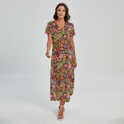 Colorful Hippie Peace Signs Print Short Sleeve Maxi Dress