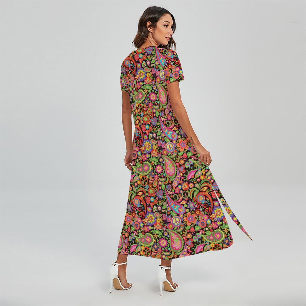 Colorful Hippie Peace Signs Print Short Sleeve Maxi Dress