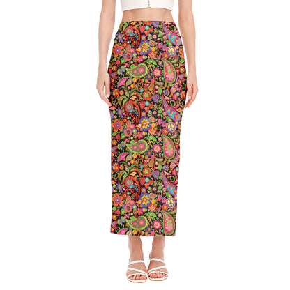 Colorful Hippie Peace Signs Print Side Slit Maxi Skirt