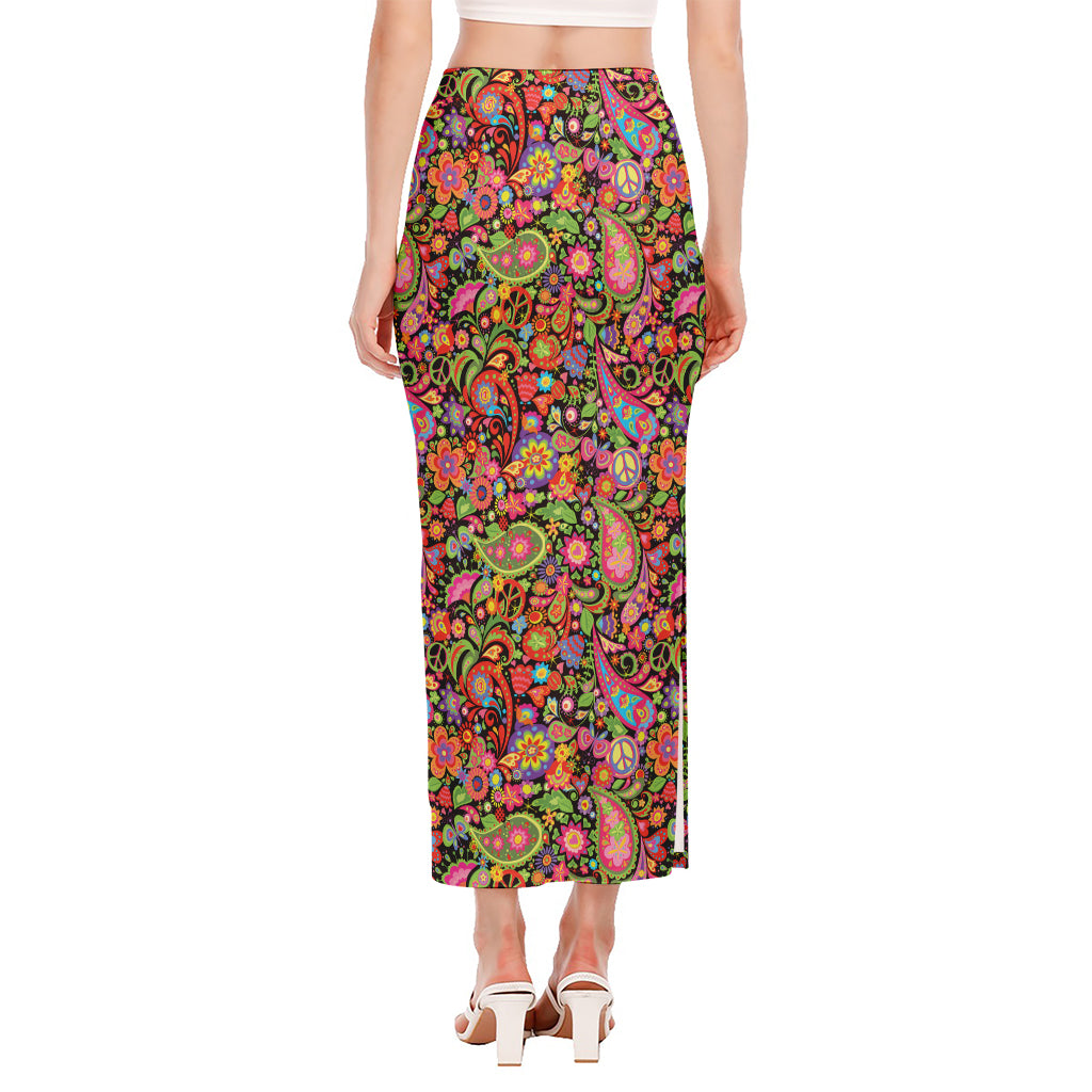Colorful Hippie Peace Signs Print Side Slit Maxi Skirt