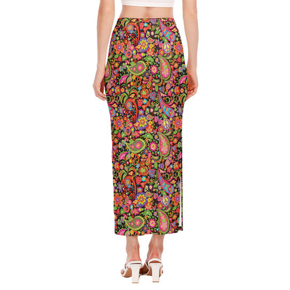 Colorful Hippie Peace Signs Print Side Slit Maxi Skirt