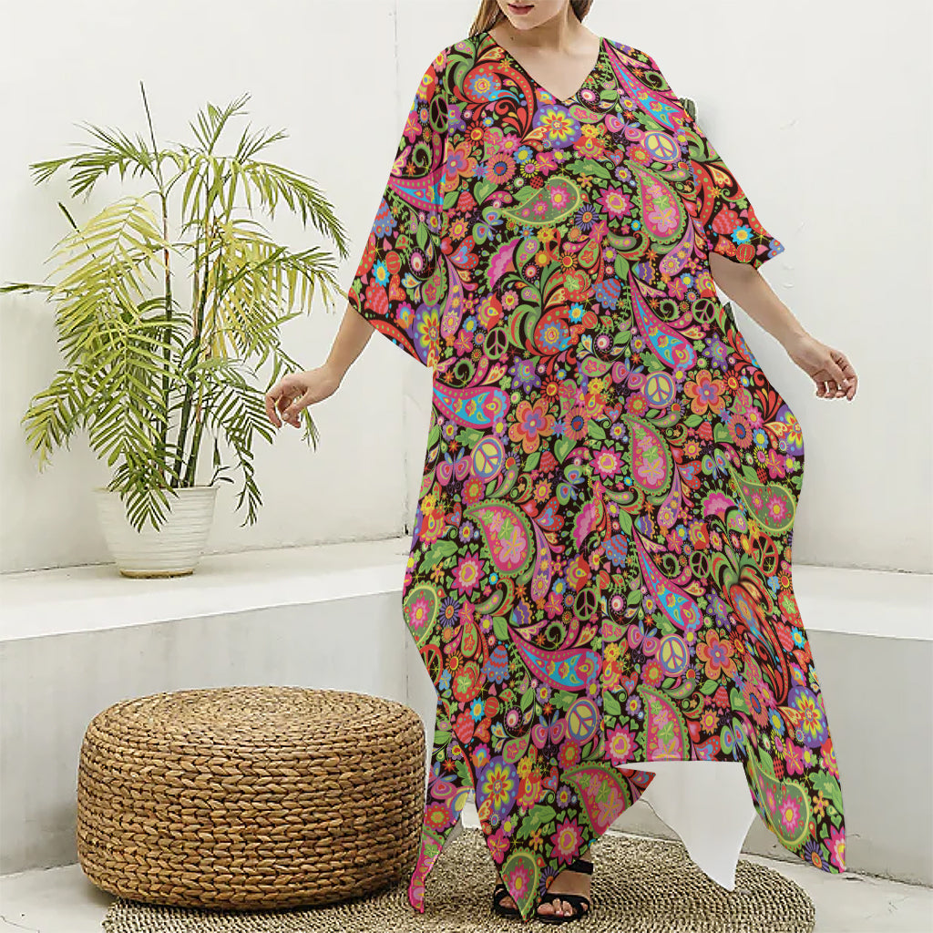 Colorful Hippie Peace Signs Print Silk V-Neck Kaftan Dress