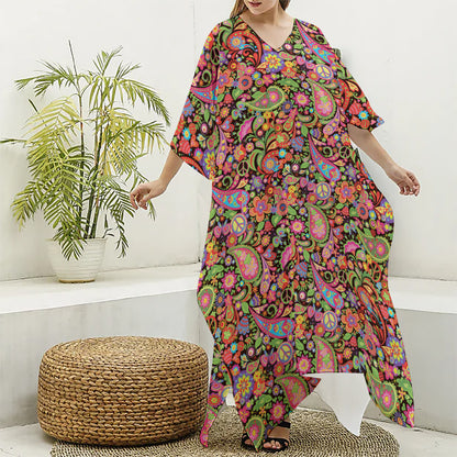 Colorful Hippie Peace Signs Print Silk V-Neck Kaftan Dress