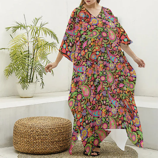 Colorful Hippie Peace Signs Print Silk V-Neck Kaftan Dress