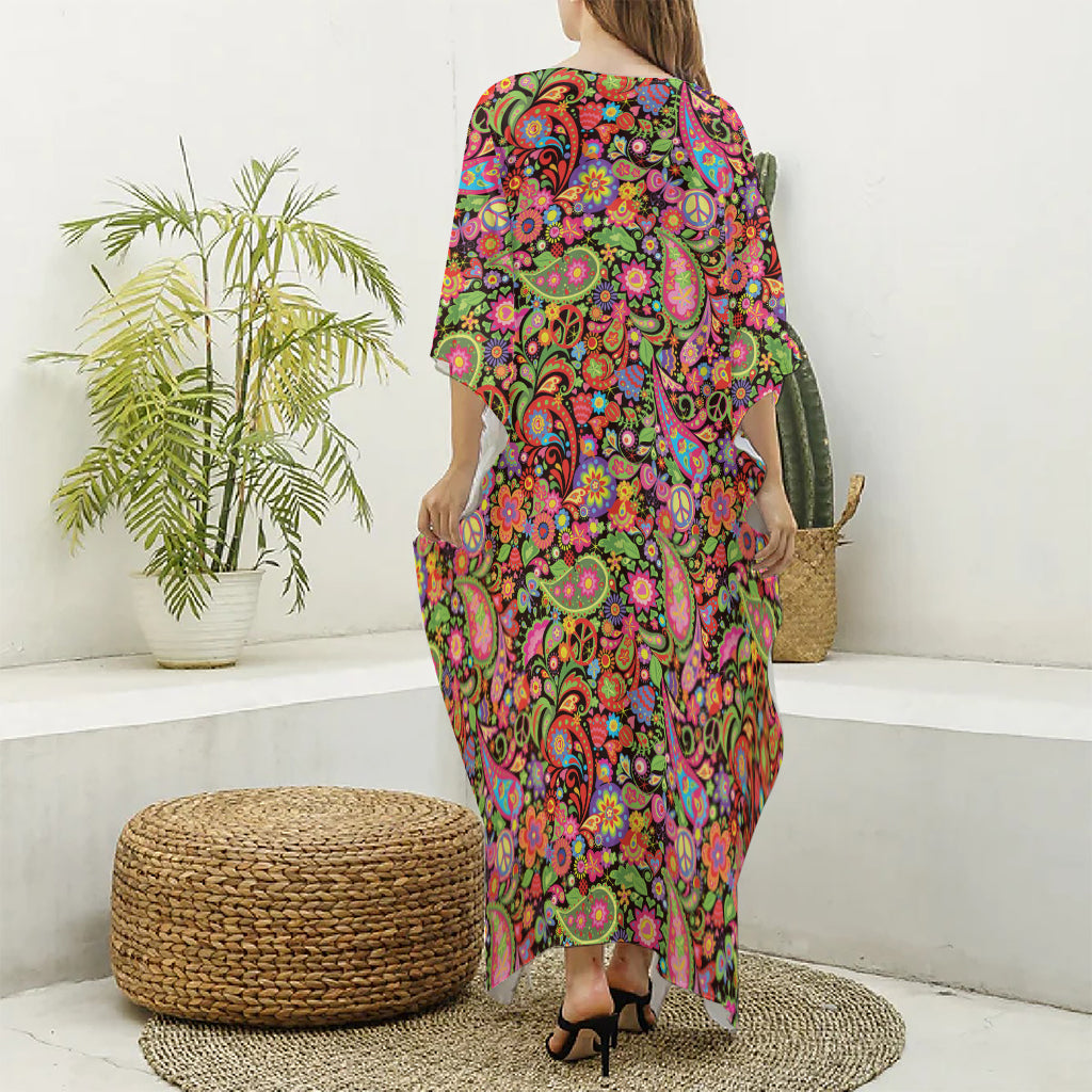 Colorful Hippie Peace Signs Print Silk V-Neck Kaftan Dress