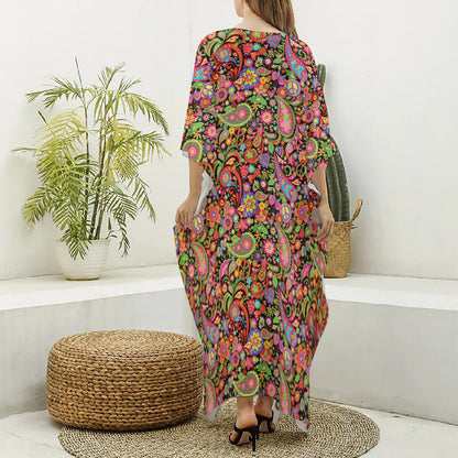 Colorful Hippie Peace Signs Print Silk V-Neck Kaftan Dress