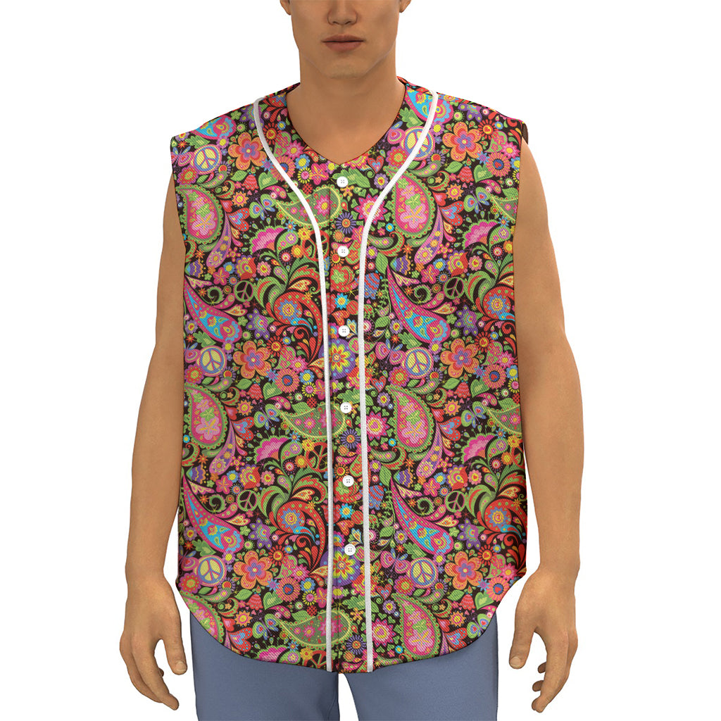 Colorful Hippie Peace Signs Print Sleeveless Baseball Jersey