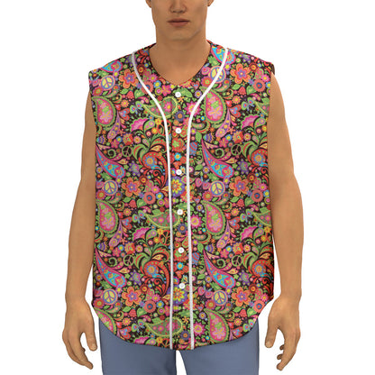Colorful Hippie Peace Signs Print Sleeveless Baseball Jersey