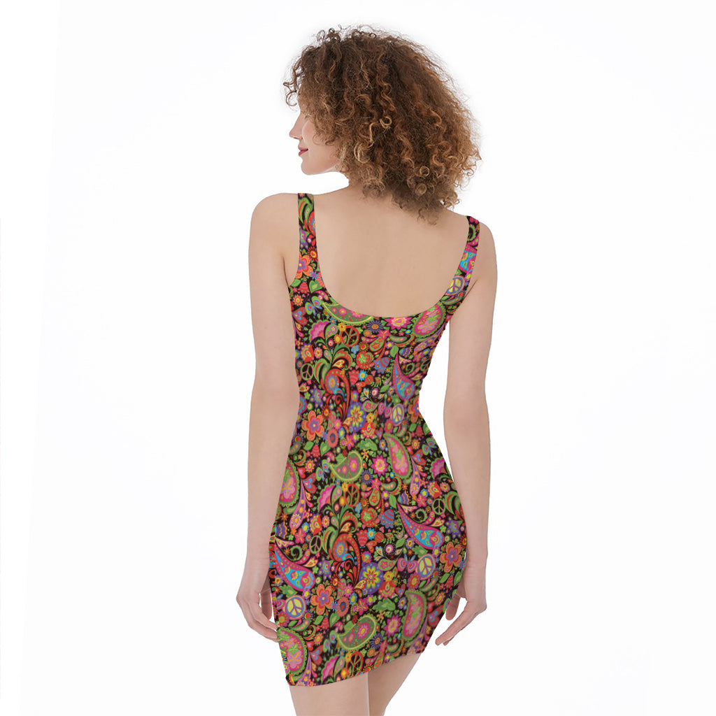 Colorful Hippie Peace Signs Print Sleeveless Bodycon Dress
