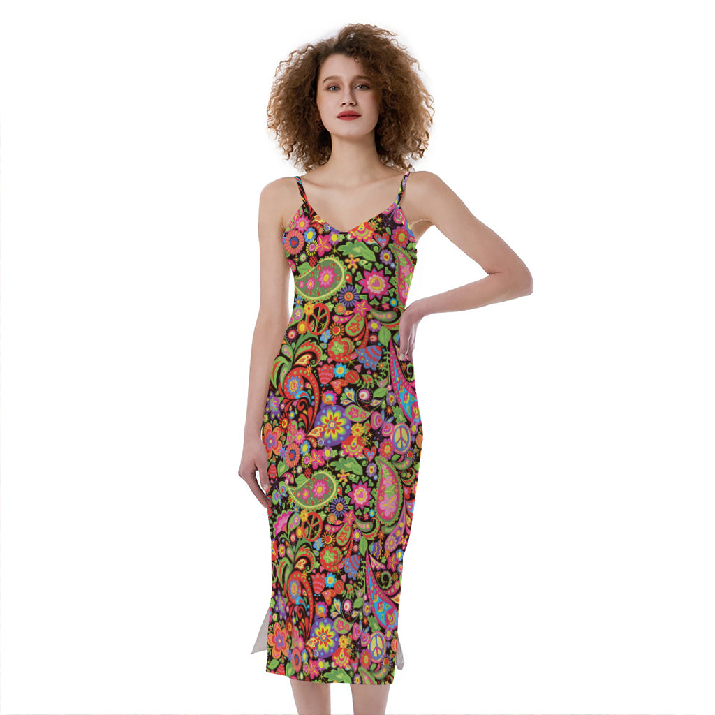Colorful Hippie Peace Signs Print Slim Fit Midi Cami Dress