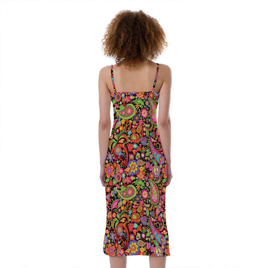 Colorful Hippie Peace Signs Print Slim Fit Midi Cami Dress