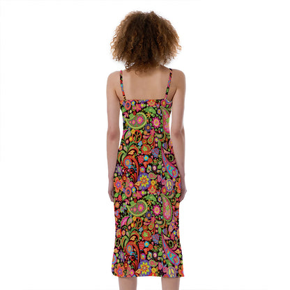 Colorful Hippie Peace Signs Print Slim Fit Midi Cami Dress