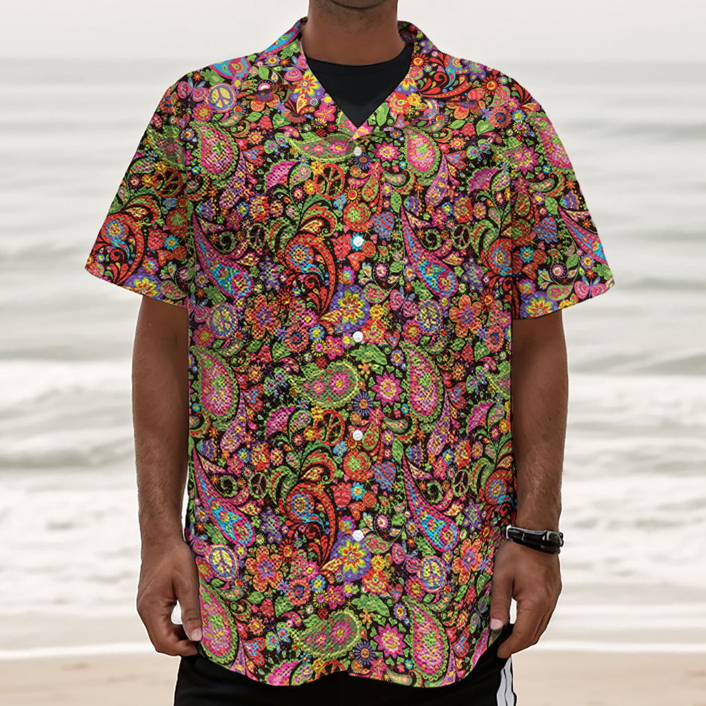 Colorful Hippie Peace Signs Print Textured Short Sleeve Shirt