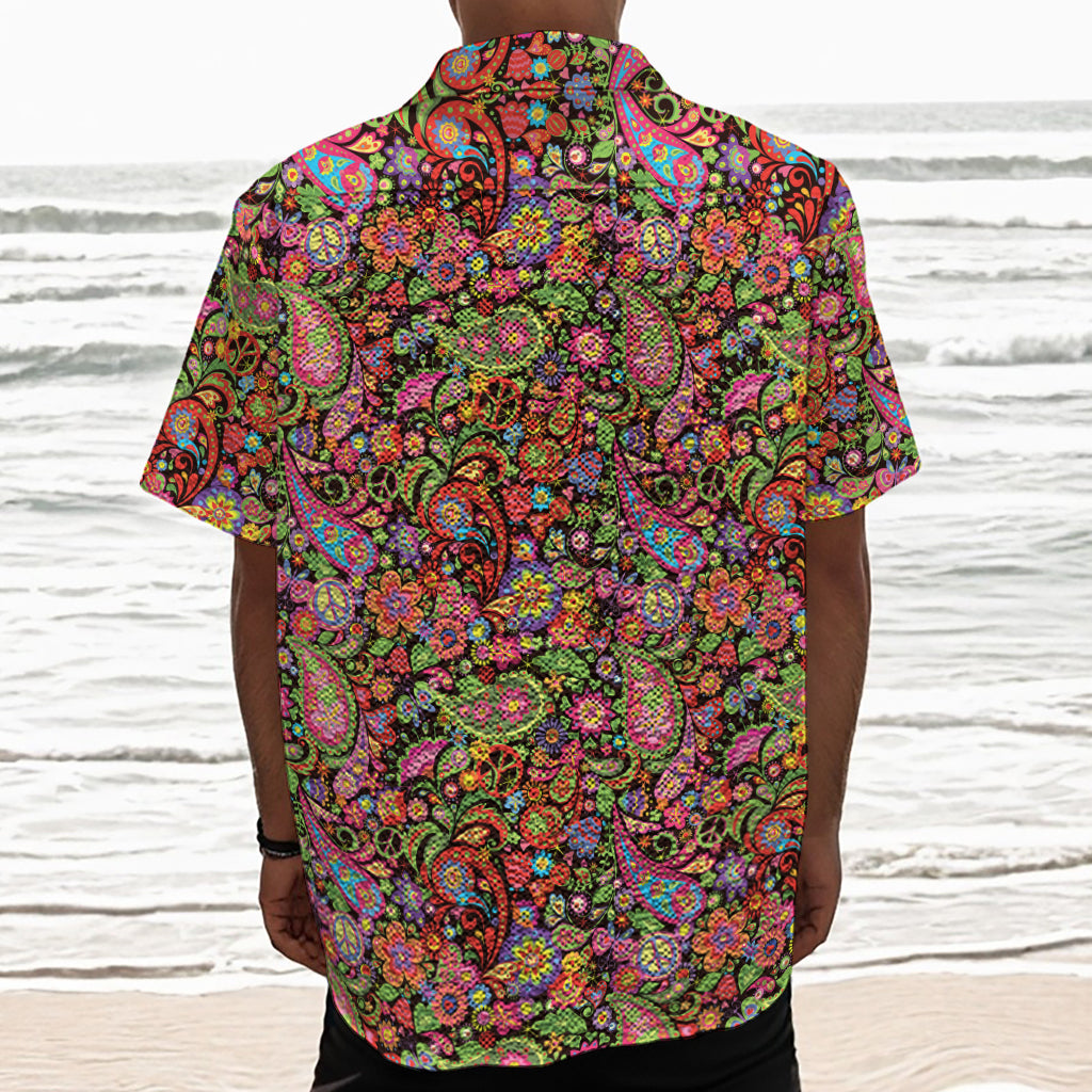 Colorful Hippie Peace Signs Print Textured Short Sleeve Shirt