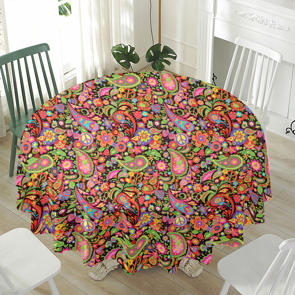 Colorful Hippie Peace Signs Print Waterproof Round Tablecloth