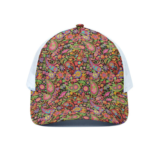 Colorful Hippie Peace Signs Print White Mesh Trucker Cap