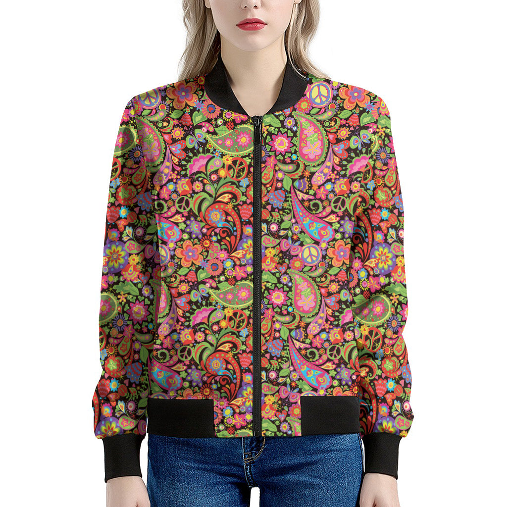 Colorful Hippie Peace Signs Print Women's Bomber Jacket