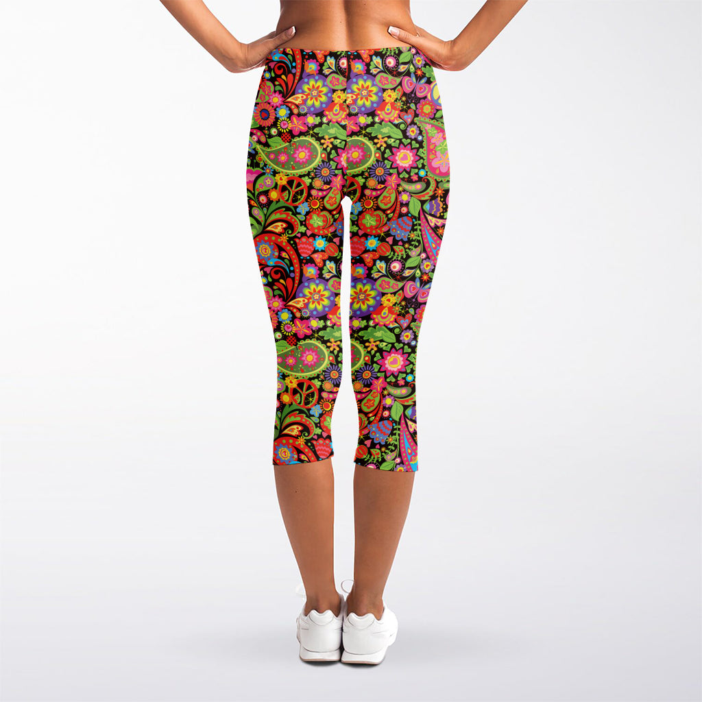 Colorful Hippie Peace Signs Print Women's Capri Leggings