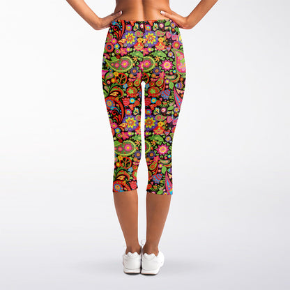 Colorful Hippie Peace Signs Print Women's Capri Leggings
