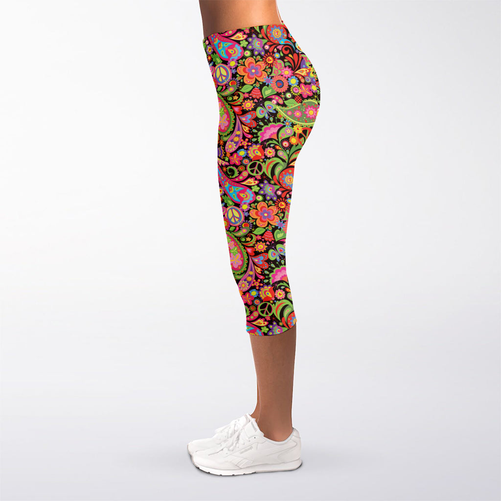 Colorful Hippie Peace Signs Print Women's Capri Leggings