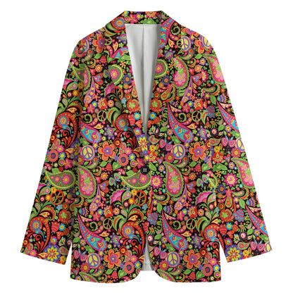 Colorful Hippie Peace Signs Print Women's Cotton Blazer