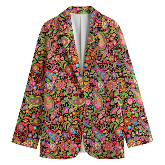 Colorful Hippie Peace Signs Print Women's Cotton Blazer