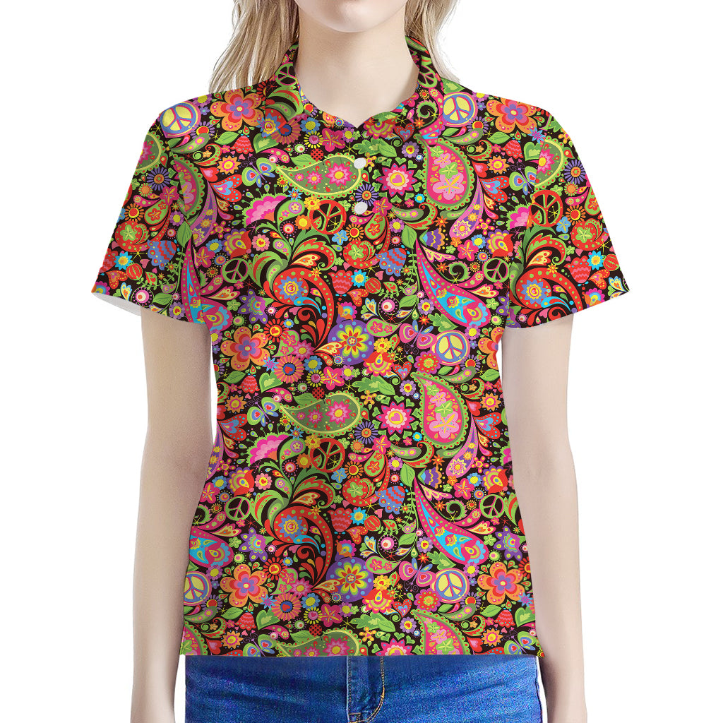 Colorful Hippie Peace Signs Print Women's Polo Shirt