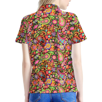 Colorful Hippie Peace Signs Print Women's Polo Shirt