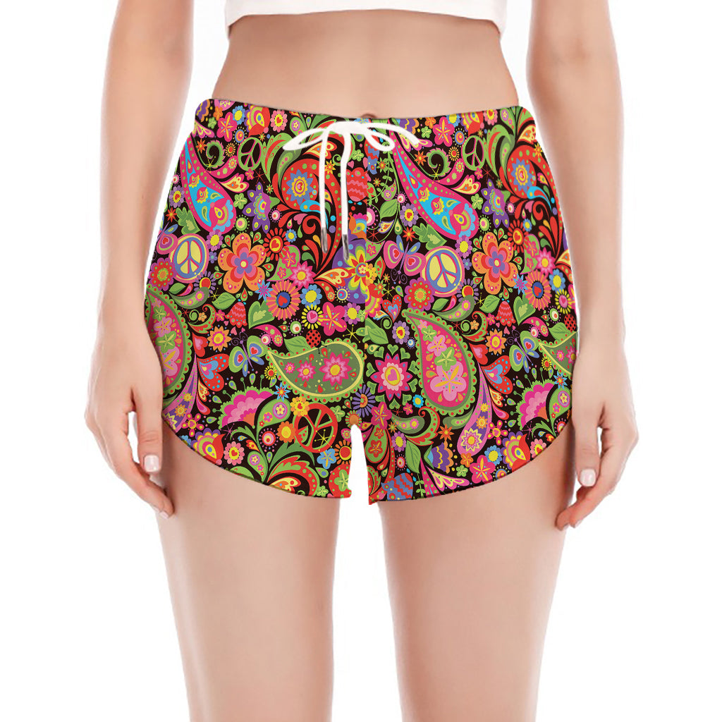 Colorful Hippie Peace Signs Print Women's Split Running Shorts