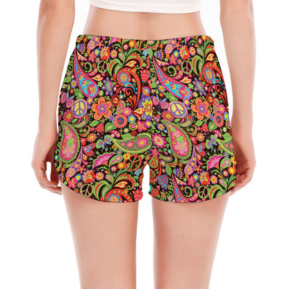 Colorful Hippie Peace Signs Print Women's Split Running Shorts