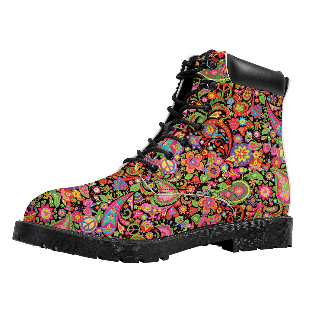 Colorful Hippie Peace Signs Print Work Boots