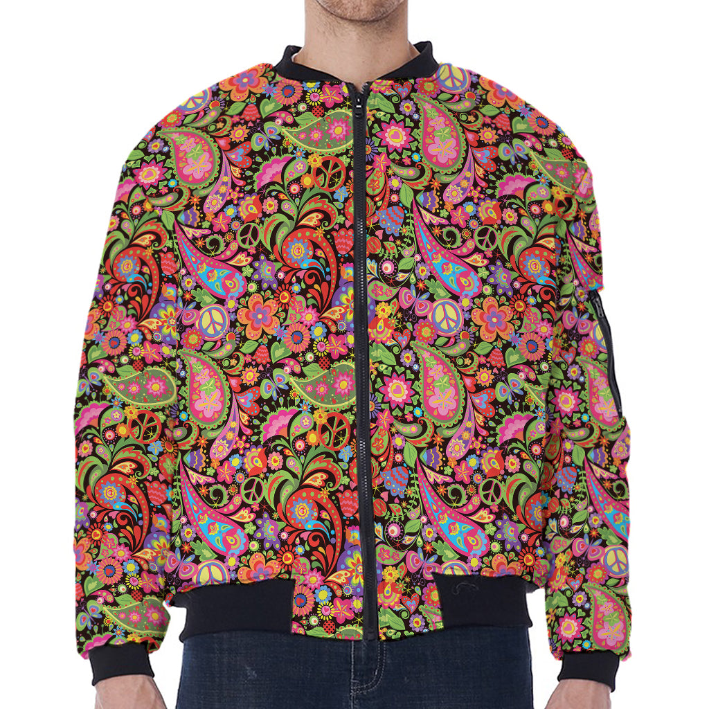 Colorful Hippie Peace Signs Print Zip Sleeve Bomber Jacket