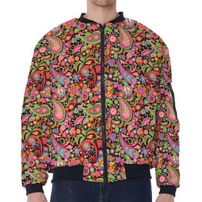 Colorful Hippie Peace Signs Print Zip Sleeve Bomber Jacket