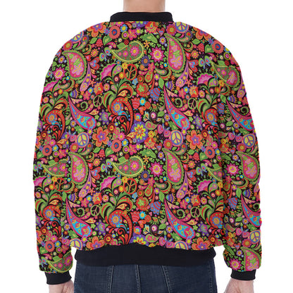 Colorful Hippie Peace Signs Print Zip Sleeve Bomber Jacket