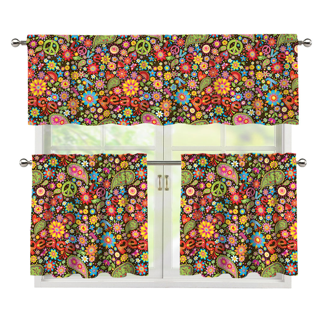 Colorful Hippie Peace Symbols Print 3 Piece Kitchen Curtains