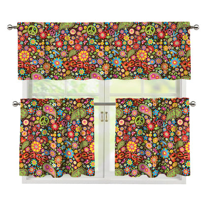 Colorful Hippie Peace Symbols Print 3 Piece Kitchen Curtains