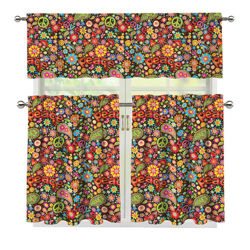 Colorful Hippie Peace Symbols Print 3 Piece Kitchen Curtains