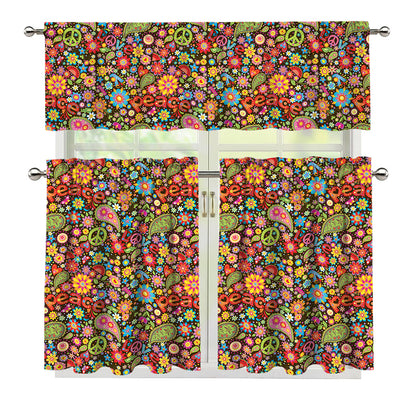 Colorful Hippie Peace Symbols Print 3 Piece Kitchen Curtains