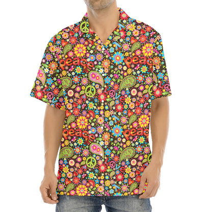 Colorful Hippie Peace Symbols Print Aloha Shirt