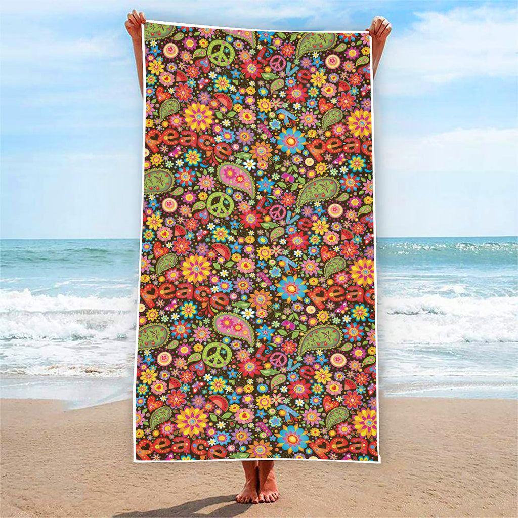 Colorful Hippie Peace Symbols Print Beach Towel