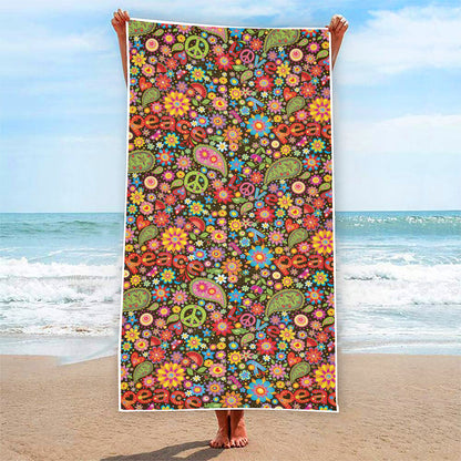 Colorful Hippie Peace Symbols Print Beach Towel