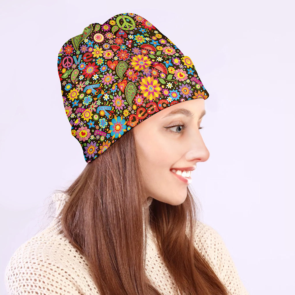 Colorful Hippie Peace Symbols Print Beanie